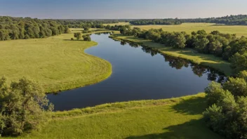 Et fredelig landskap med en liten elv som renner ut i en større elv eller innsjø.