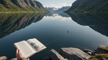 En illustrasjon av en person som fisker i en norsk innsjø, med en subtil bakgrunnsbilde av en norsk lov bok eller en regjeringsbygning, som representerer reguleringen av innlandsfisket i Norge.