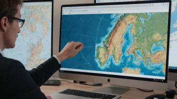 En person som analyserer data på en dataskjerm med et kart over Norge i bakgrunnen