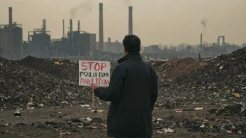 Et forurenset miljø med en fabrikk i bakgrunnen og en person som holder et skilt som sier 'stopp forurensning'