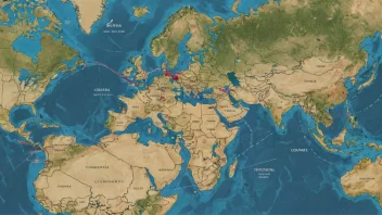 Et kart med flere land markert, med handelsruter og lasteskip i bakgrunnen.