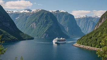 Et pittoreskt bilde av en norsk fjord med et cruiseskip og turister, som viser landets naturskjønnhet og reiselivsindustri.