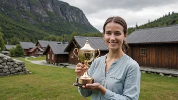 En person som holder en trofé eller en pris, med et kulturminne eller en tradisjonell norsk bygning i bakgrunnen.