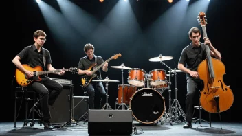 En musikalsk trio som spiller på scenen med en rekke instrumenter.