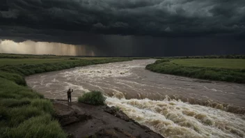 En person som møter en naturfare i et dramatisk landskap.