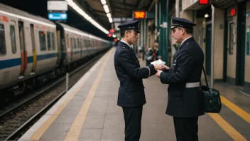 En stedskontrollør i uniform, med en billettløser i hånden, står på en togplattform.