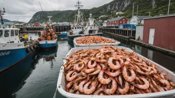 En stor fiskebåt med en last full av reker, fortøyd ved en travel fiskehavn i Norge.