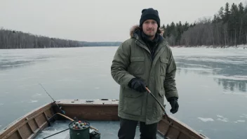 En vinterfisker står på en båt i en frossen innsjø.