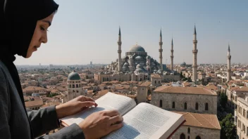 En person som studerer en bok om sekulariseringsteori, med en bakgrunn av en by med en kirke og en moské.