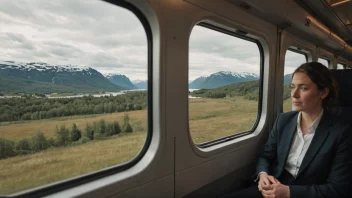 En person som sitter på et tog eller en buss og ser ut vinduet på et vakkert norsk landskap, symboliserer langveispendling.