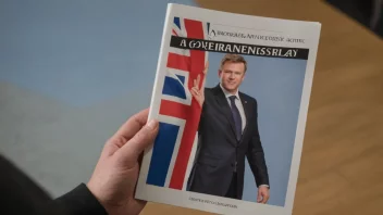 En person som holder en regjeringspublikasjon, med et norsk flagg i bakgrunnen.