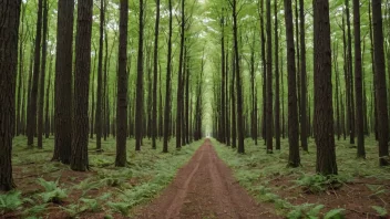 En skog med trær som alle er like gamle og store, med en tydelig vei for hogst.