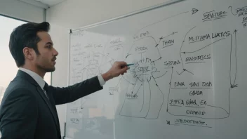 En person i dress står foran en whiteboard med en startup-plan, og symboliserer en ny start.