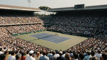 En stor tennisarena med en stor folkemengde som ser på en tenniskamp.