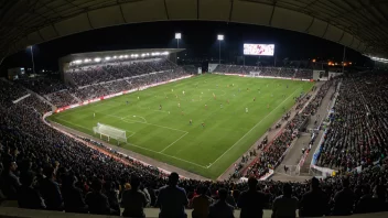 Et fotballstadion med en regional liga-kamp i gang, med tilskuere som heier og spillere i aksjon