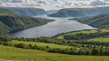 Et vakkert landskap av Kaland, Norge med en fredelig innsjø og frodige grønne åser.