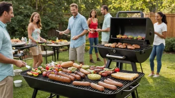 En barbecue med mat på i en hage.