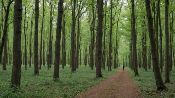 En fredelig skog med mange trær, en gangsti og noen mennesker i bakgrunnen