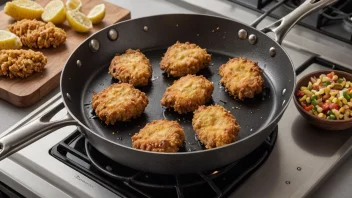 En dyp fritøypanne på en komfyr, med en kurv fritert mat ved siden av.