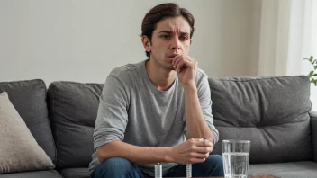 En person som lider av dårlig helse, sitter på en sofa med et termometer og et glass vann ved siden av.