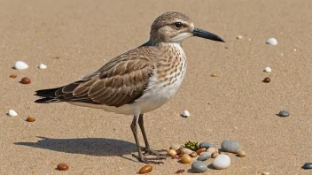 En strandfugl med brune og hvite fjær, stående på en sandstrand med småstein og tang i bakgrunnen.