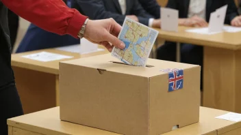 Et bilde av en valgurne med et kart over Norge i bakgrunnen, med mennesker som stemmer i et regionvalg