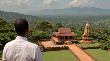 Et naturskjønt bilde av Sri Lanka med et buddhistisk tempel i bakgrunnen og en person som snakker i forgrunnen.