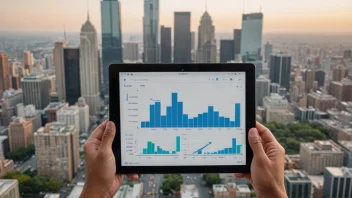 En person som analyserer data på en tablet, med en bysilhuett i bakgrunnen, som symboliserer forskning og utvikling.