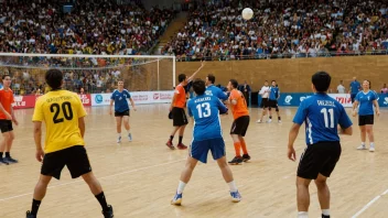 En gruppe mennesker som spiller håndball i en stadion, med en folkemengde som heier dem frem.