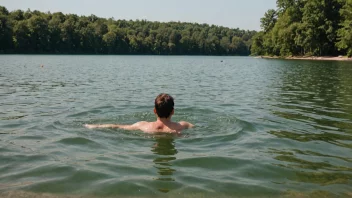 En person som svømmer i en innsjø på en varm sommerdag, med en strand og trær i bakgrunnen.