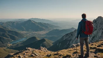 En person på en selvoppdagelsesreise, stående alene på et fjelltopp, tar inn skjønnheten i naturen.