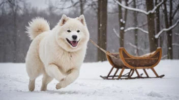 En samojedhund løper i snøen med en slede i bakgrunnen