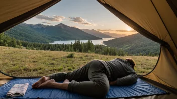 En person som sover på en campingmat i et telt, med en naturskjønn utsikt utenfor.