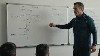 En fotballtrener står foran en whiteboard og tegner en fotballstrategi med piler og symboler.