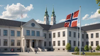 Et bilde av en fylkesforvaltningsbygning i Norge med et norsk flagg i forgrunnen.