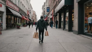 En person på en innkjøpsrunde, med poser og går ned en gate med butikker.