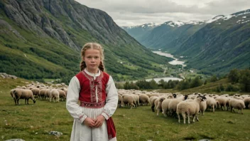 En ung jente i tradisjonell norsk klesdrakt, stående i et fjellandskap med sauer som beiter i bakgrunnen.