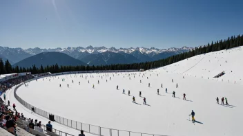 En sommerskiarena med kunstig snø og skiløpere i aksjon.