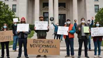 En gruppe engasjerte miljøaktivister samlet foran en regjeringsbygning, med skilt og banner med budskap som går inn for klimaaksjon og bærekraft.