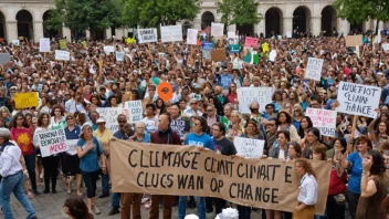 En klimaprotest på et bytorv med mennesker som holder skilt og bannere.