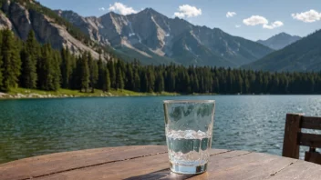 Et glass kaldt vann med en fredelig fjellinnsjø i bakgrunnen