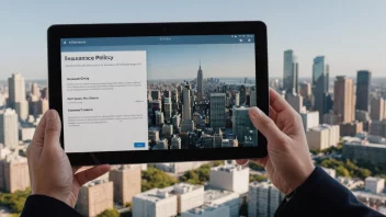 En person som holder en nettbrett med en forsikringspolise på skjermen, med en bysilhuett i bakgrunnen.
