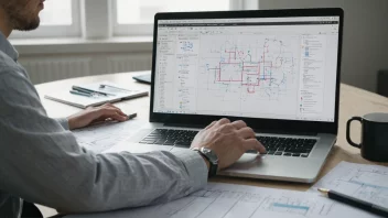 En person som jobber på en laptop med en stor prosjektplan på skjermen, hvor et bestemt subprosjekt er fremhevet