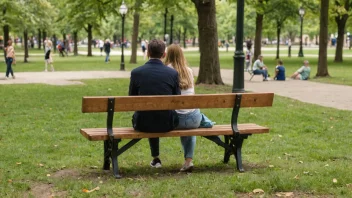 En trebænk i en park med mennesker som sitter på den, omgitt av trær og blomster