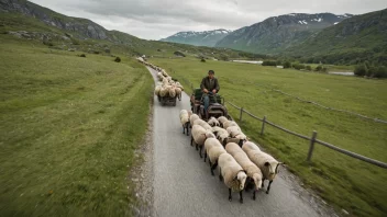 En gjeter som driver sauene i en grønn dal omgitt av fjell.