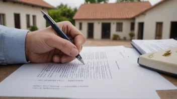 En person som signerer en eiendomsavtale, med et hus eller en bygning i bakgrunnen.