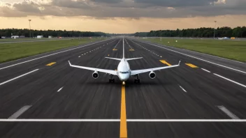 Et fly som lander på en landingsbane, med en tydelig utsikt over landingsstripen og omkringliggende flyplassinfrastruktur.