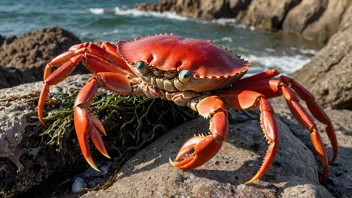 En rød krabbe med en stor klo, på en steinete strand