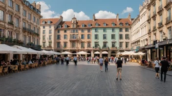 Et levende bytorv med mennesker som går, handler og sosialiserer, omgitt av historiske bygninger, kafeer og butikker.