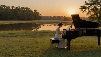 Et fredelig landskap med en pianospiller i forgrunnen, som spiller en vakker aftenmelodi mens solen går ned i bakgrunnen.